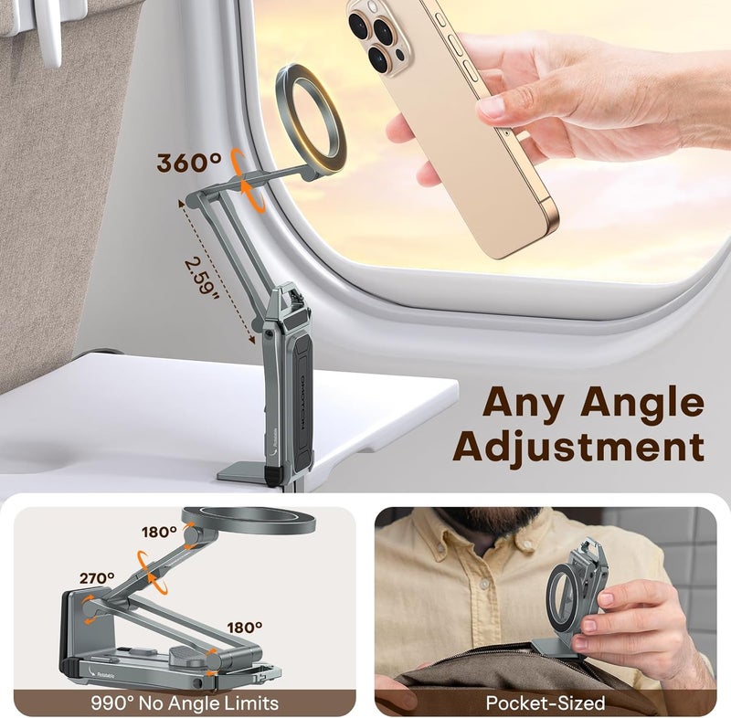 Omoton حامل ثلاثي القوائم دوار 360° مع مغناطيس MagSafe، حامل هاتف مغناطيسي من الألمنيوم قابل للتعديل لجهاز iPhone 17/16/15/14 Pro Max Air، حامل هاتف قابل للطي يناسب الفلوغ، وصالة الألعاب الرياضية، واحتياجات السفر، رمادي - Image 5
